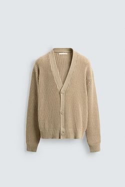 ZARA КАРДИГАН ИЗ РУБЧИКОВОГО ТРИКОТАЖА, БЕЖЕВЫЙ