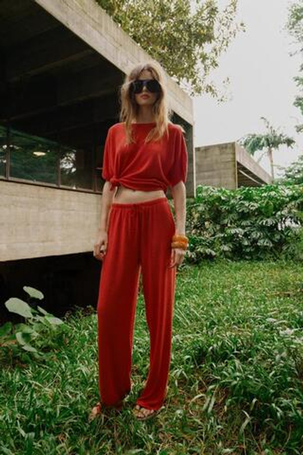 ZARA БРЮКИ WIDE LEG ИЗ ТКАНИ В ДЕРЕВЕНСКОМ СТИЛЕ, КРАСНЫЙ