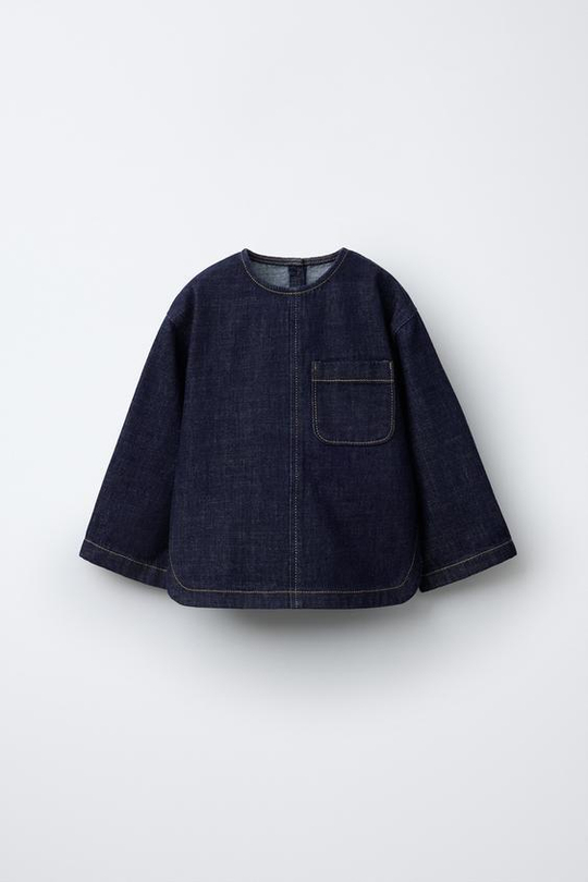 ZARA ДЖИНСОВАЯ РУБАШКА С ДЕКОРАТИВНОЙ СТРОЧКОЙ, ТЕМНЫЙ ИНДИГО