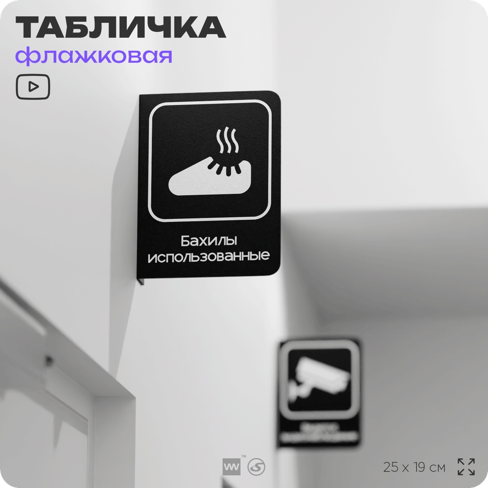 Табличка Бахилы использованные флажковая на стену, двусторонняя с крепежом, 19 х 25 см, для офиса, кафе, отеля, серия COSMO, Айдентика Технолоджи