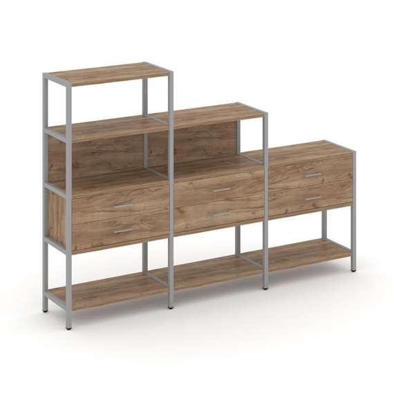 Shelf System Трехсекционный стеллаж четырех/трех/двухярусный с ящиками SN.STM-431 Дуб Табак/Металл С