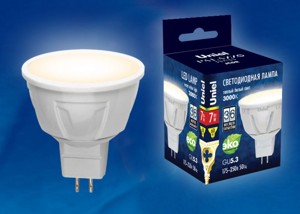 LED-JCDR-7W/WW/GU5.3/FR PLP01WH Лампа светодиодная. Форма «JCDR», матовая. Серия Palazzo. Теплый белый свет (3000К). Картон. ТМ Uniel