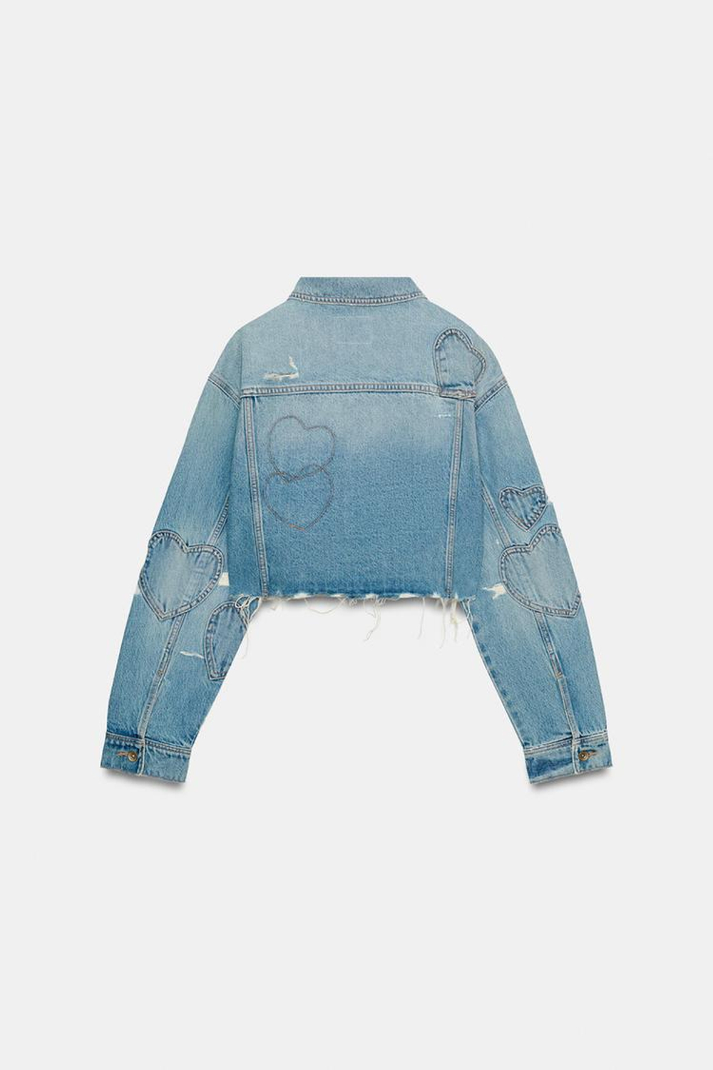 ZARA УКОРОЧЕННАЯ ДЖИНСОВАЯ КУРТКА TRF С СЕРДЦАМИ, СИНИЙ
