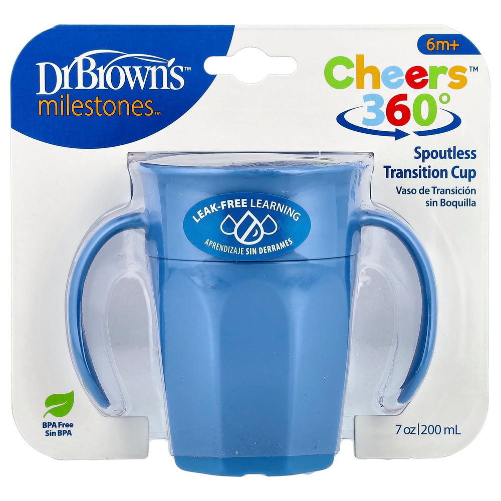 Dr. Brown's, Milestones ™, Cheers360 ™, переходная чашка без носика, от 6 месяцев, синий цвет, 200 мл (7 унций)