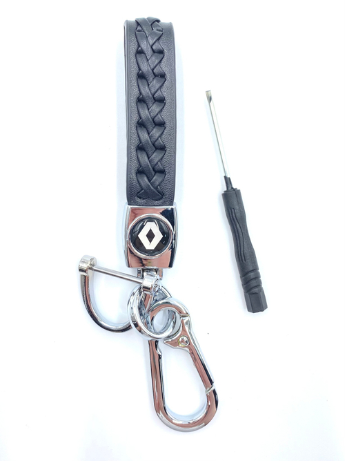 Брелок для ключей кожаный с эмблемой Renault (кожзам, косичка, черный цвет с желтой строчкой)