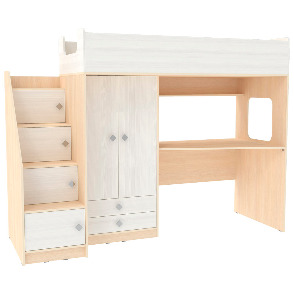 Кровать-чердак КарИВи Л-А606.3 75х190  Дуб Молочный Белое Дерево