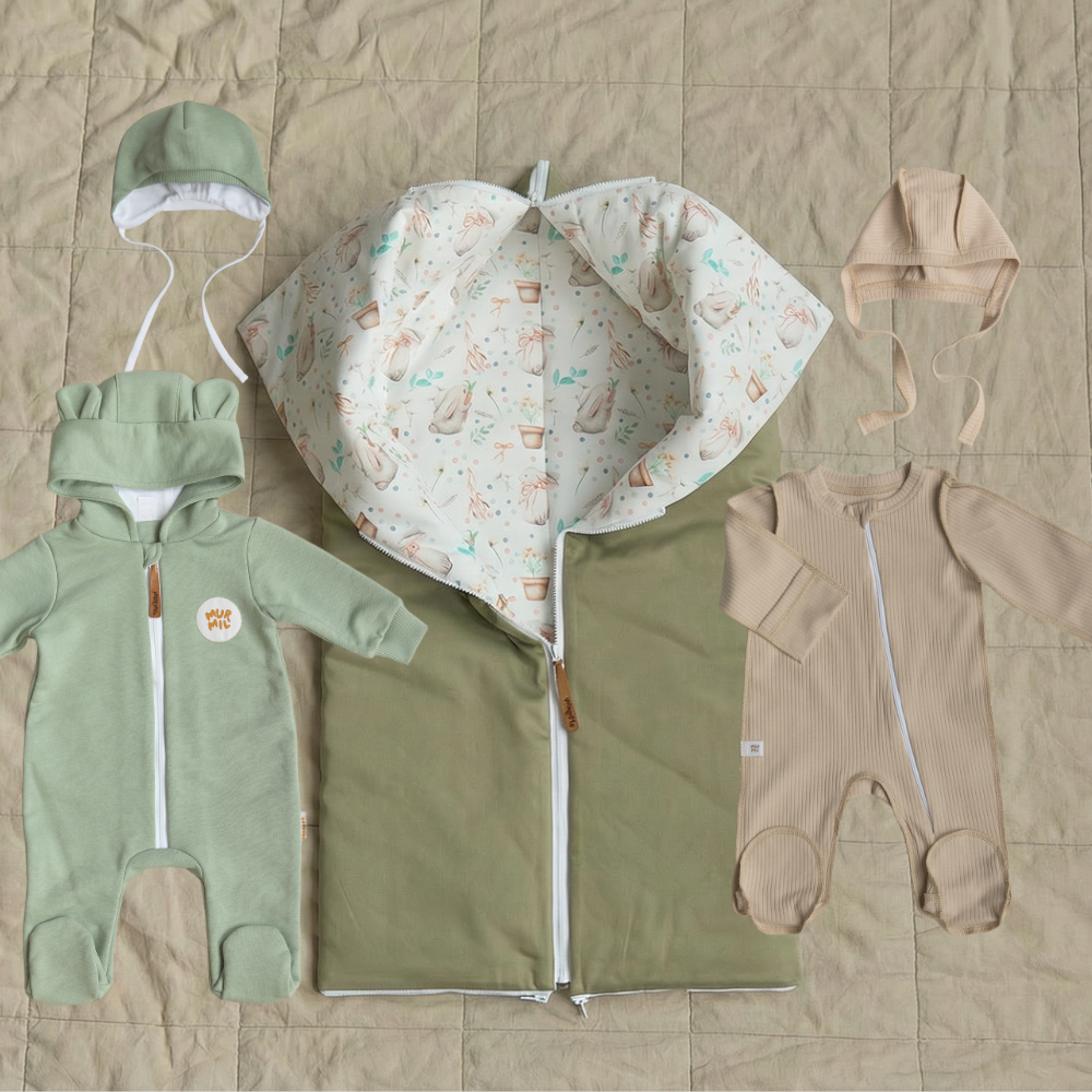 Комплект на выписку Зайчики с горшочками (хаки)/Шалфей (5 предметов)