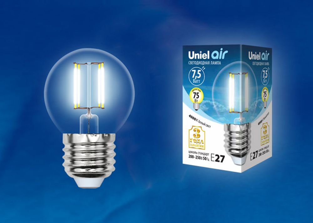 LED-G45-7,5W/NW/E27/CL GLA01TR Лампа светодиодная. Форма шар, прозрачная. Серия Air. Белый свет (4000K). Картон. ТМ Uniel