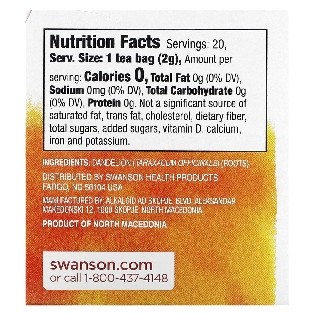 Swanson, Чай из корня одуванчика, без кофеина, 20 чайных пакетиков, 40 г (1,4 унции)