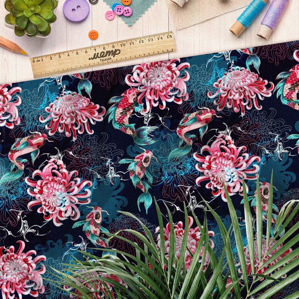 Ткань дюспо цветы и рыбы на воде