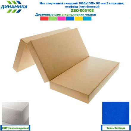 Мат спортивный складной 1000х1500х100 мм 3 сложения, оксфорд (ппу) бежевый