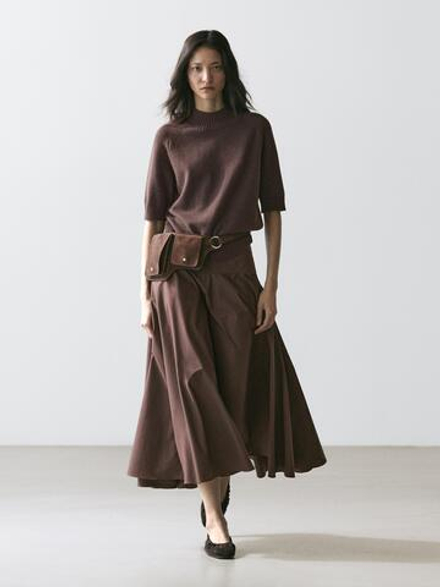 Massimo Dutti Юбка миди с поясом-лентой и декоративными швами, коричневый