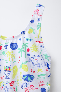 ZARA СЛИТНЫЙ КУПАЛЬНИК С ПЛЯЖНЫМ ПРИНТОМ, ЯРКО-СИНИЙ