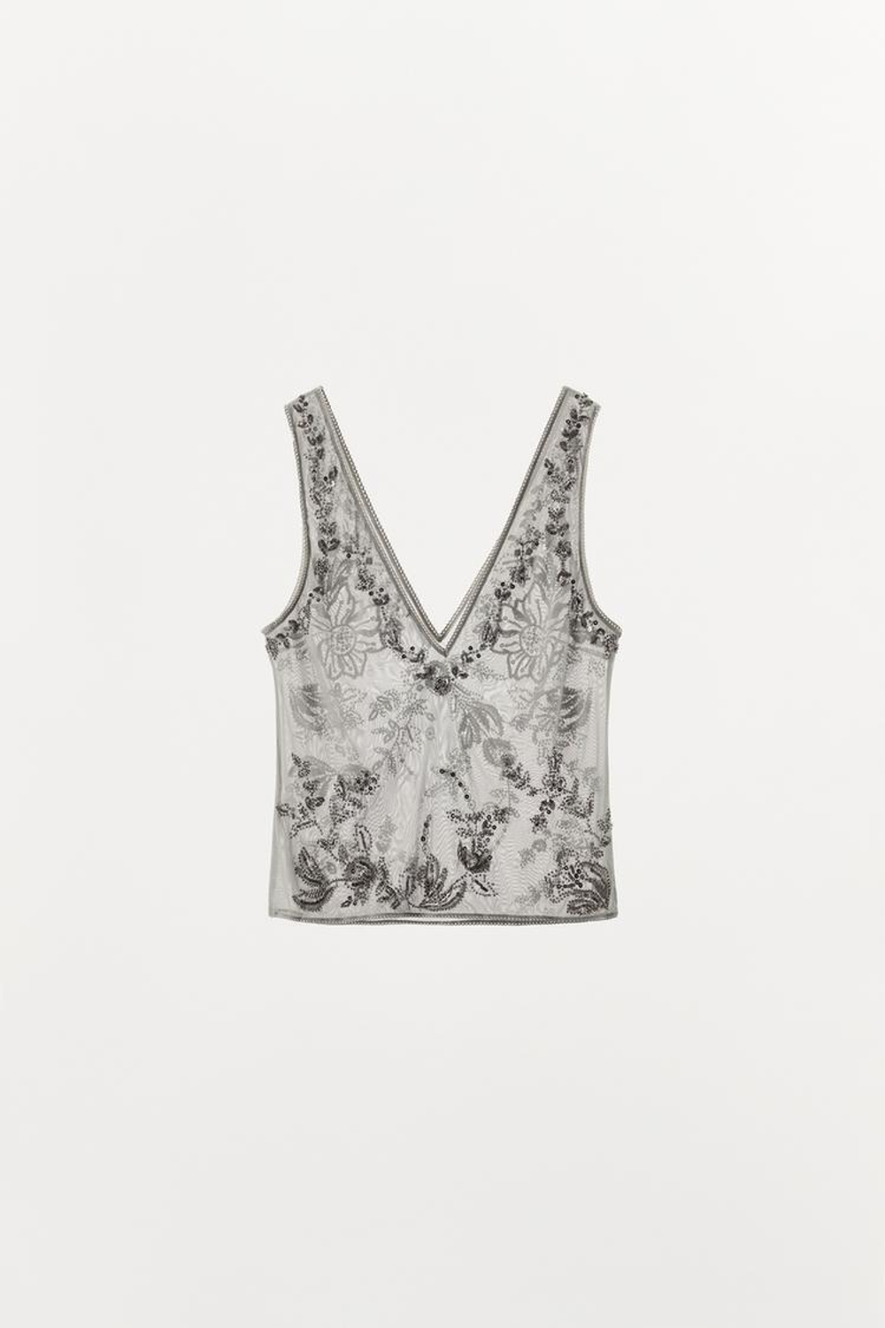ZARA ТОП С ВЫШИВКОЙ И БРЕТЕЛЯМИ, СВЕТЛО-СЕРЫЙ