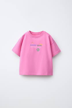 ZARA ФУТБОЛКА С НАДПИСЬЮ, ТЕМНО-РОЗОВЫЙ