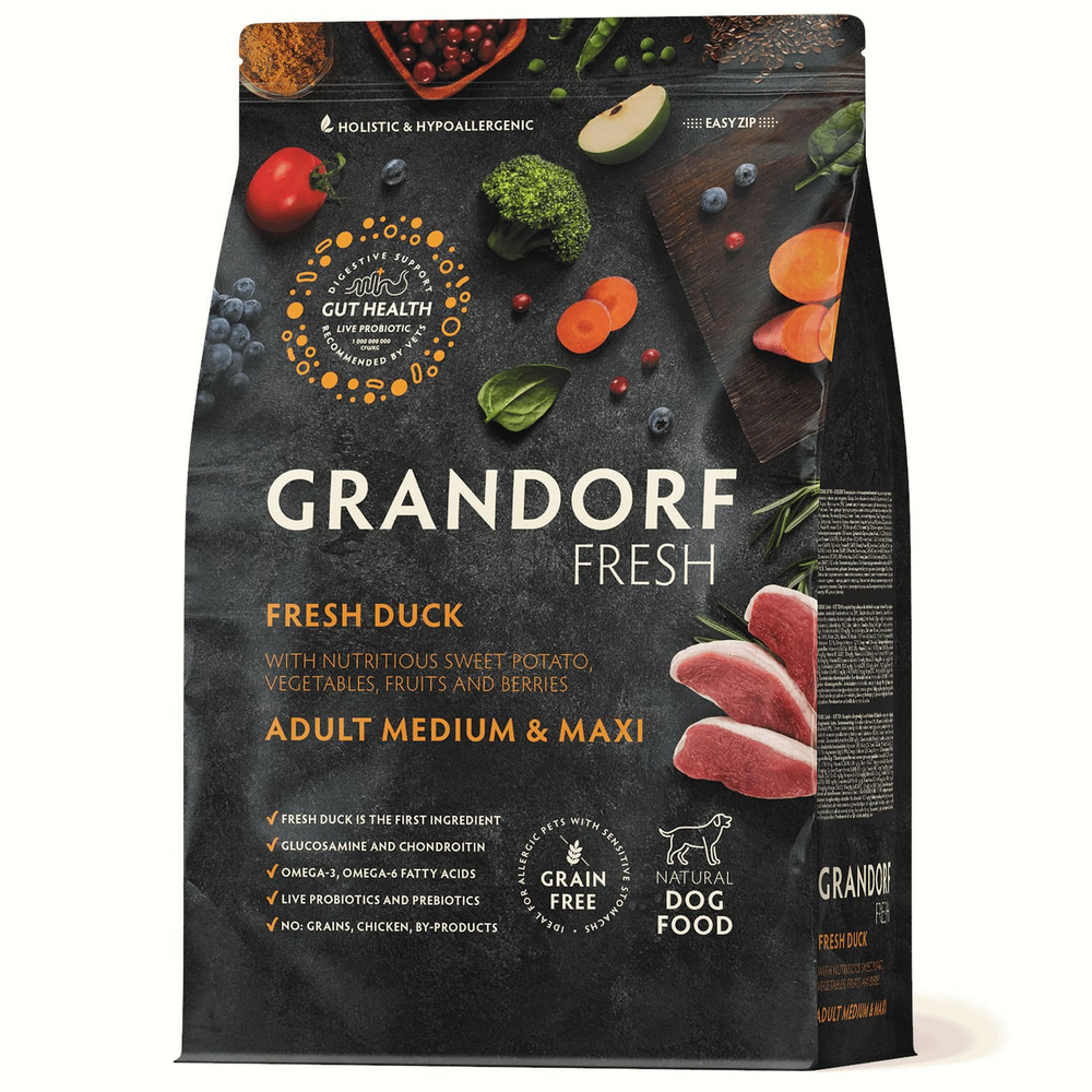 Сухой корм GRANDORF FRESH DOG Duck MED&MAXI утка с бататом для взрослых собак средних и крупных пород, диетическая формула для особо аллергичных собак 3кг