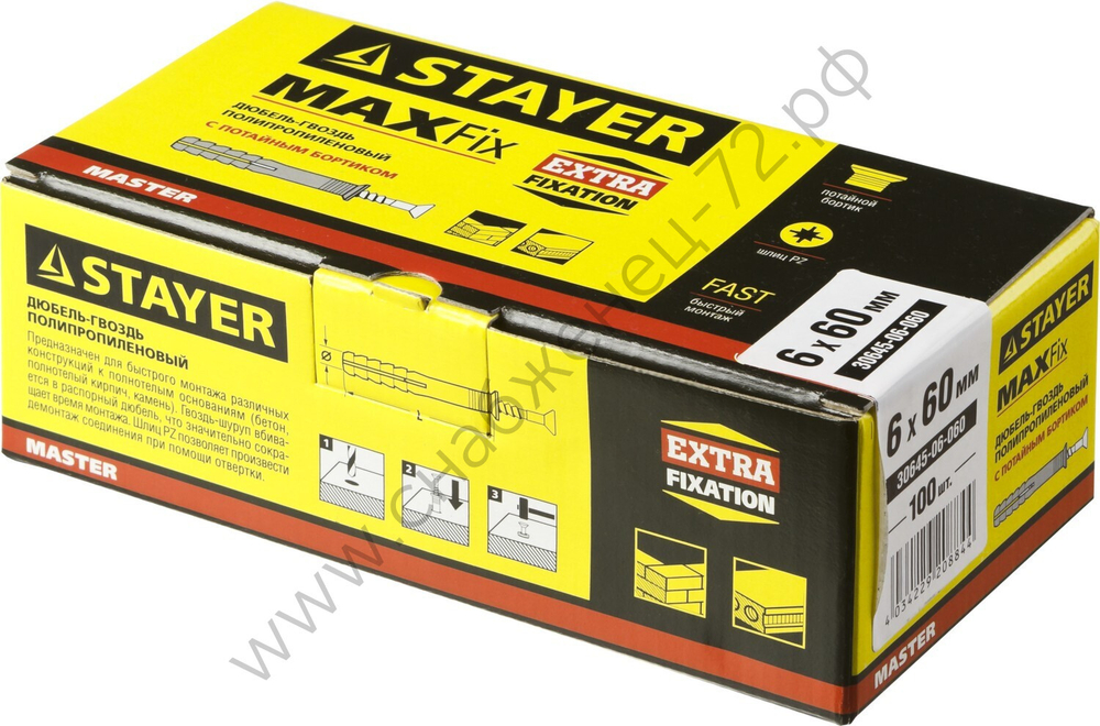 STAYER 6 x 60 мм, потайный бортик, дюбель-гвоздь полипропиленовый, 100 шт (30645-06-060)