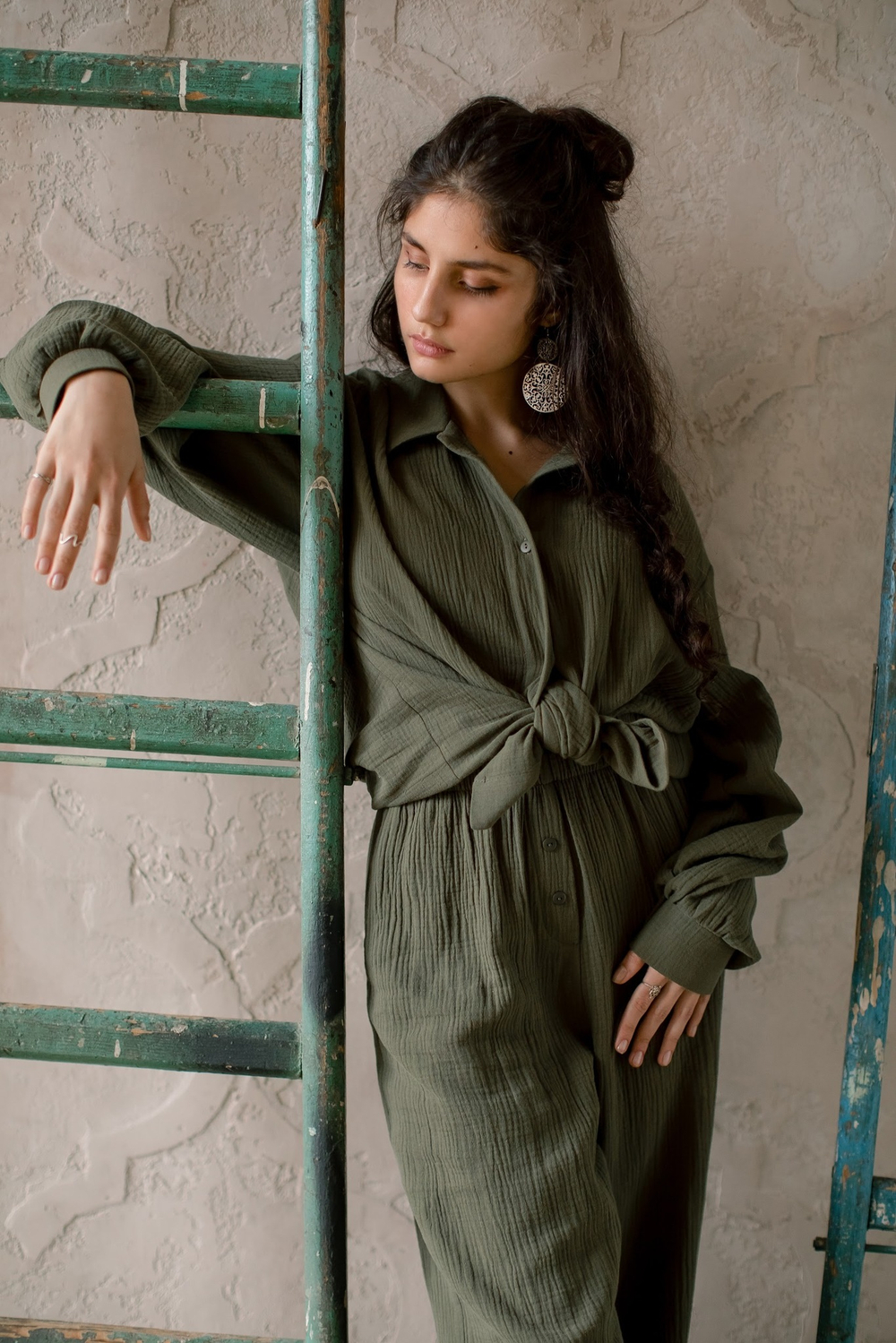 Штаны из жатого муслина Хаки