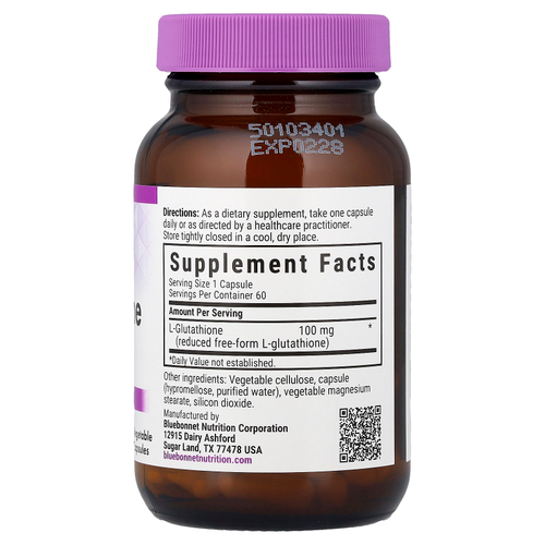 Bluebonnet Nutrition, L-глутатион, 100 мг, 60 растительных капсул