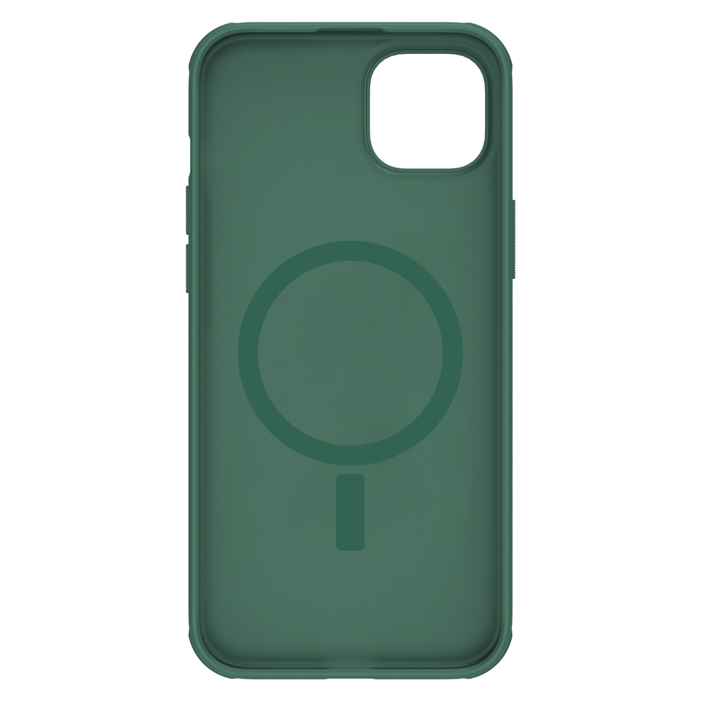 Усиленный чехол зеленого цвета (Deep Green) от Nillkin c поддержкой зарядки MagSafe для iPhone 15, серия Super Frosted Shield Pro Magnetic Case