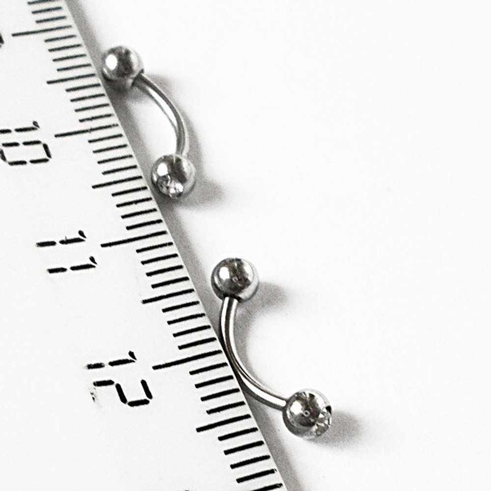 Микробанан (8 мм) с двумя белыми кристаллами 3 мм для пирсинга брови. Медицинская сталь.