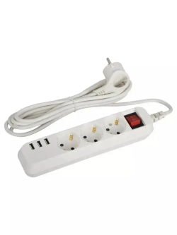 Удлинитель сетевой электрический с заземлением с выключателем ЭРА U-3es-3m-USB / Сетевой фильтр 3 розетки, 3xUSBA, 3м, 10А