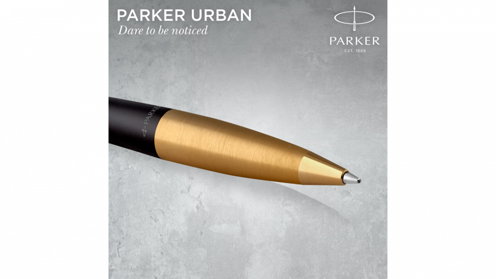 Шариковая ручка Parker Urban (матовый черный лак) Muted Black Gold Finish Trim, стержень: M, цвет чернил: blue, в подарочной упаковке.