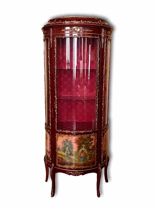 Антикварная витрина. Франция, XIX век. Дерево, бронза, живопись. Подпись художника.