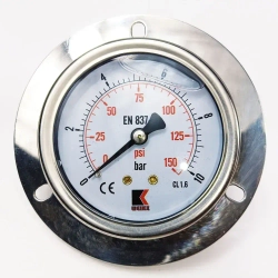 Манометр гидравлический на 10 бар (150 psi), 63 мм, G 1/4" фланцевый, виброустойчивый - глицериновый