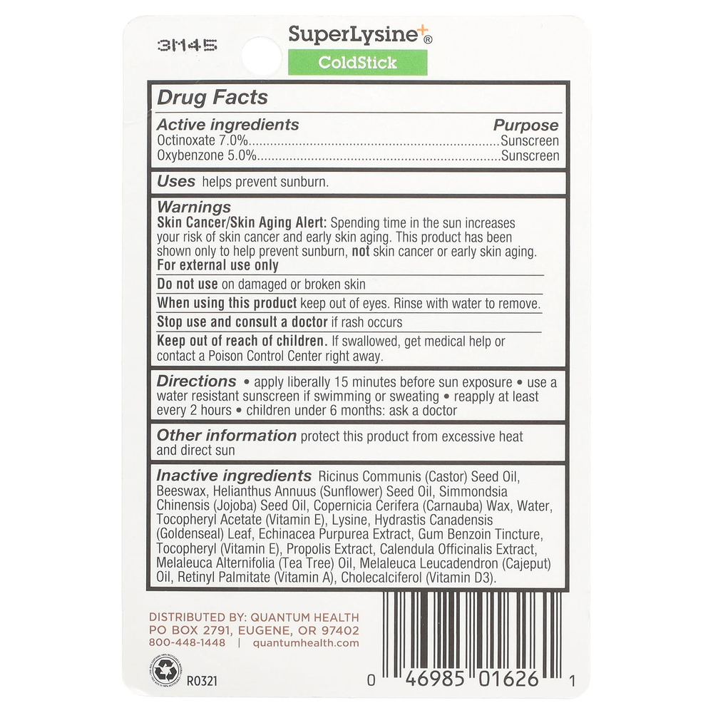 Quantum Health, Super Lysine + ®, ColdStick, солнцезащитное средство для губ, SPF 21, 5 г (0,17 унции)