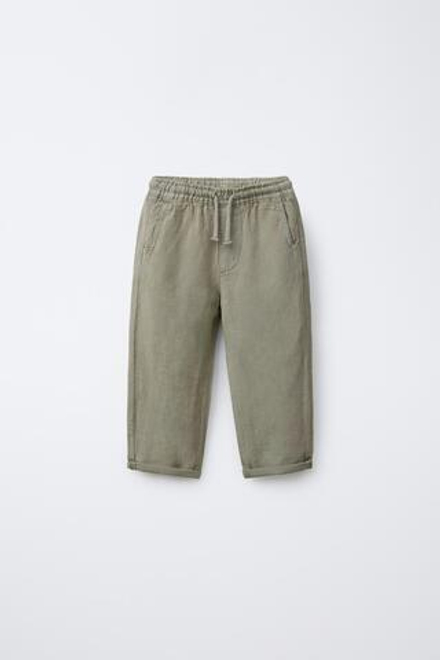 ZARA БРЮКИ ПРЯМОГО КРОЯ ИЗ СМЕСОВОГО ЛЬНА, ХАКИ