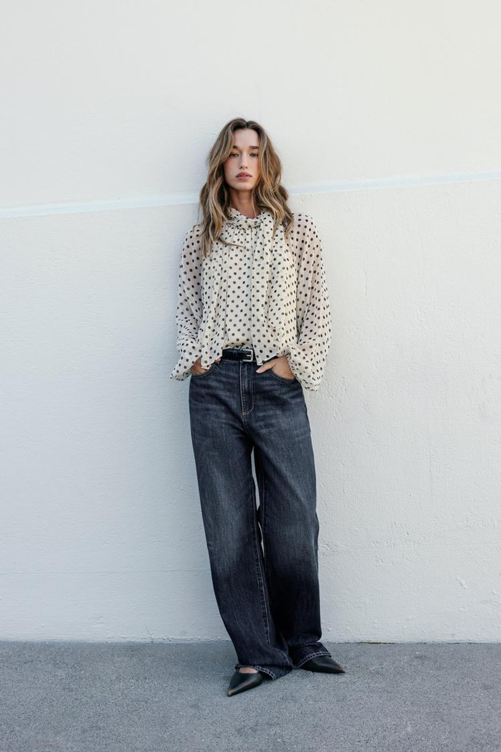 ZARA БЛУЗА В ГОРОШЕК, ЭКРЮ/ЧЕРНЫЙ