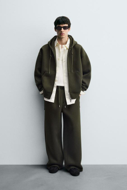 ZARA БРЮКИ INTERLOCK WIDE FIT, ТЕМНО-ЗЕЛЕНЫЙ