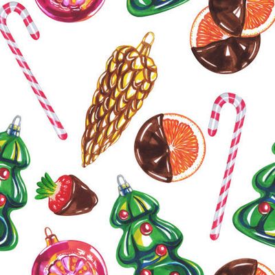 Новогодние ёлочные игрушки, карамель, фрукты, шоколад