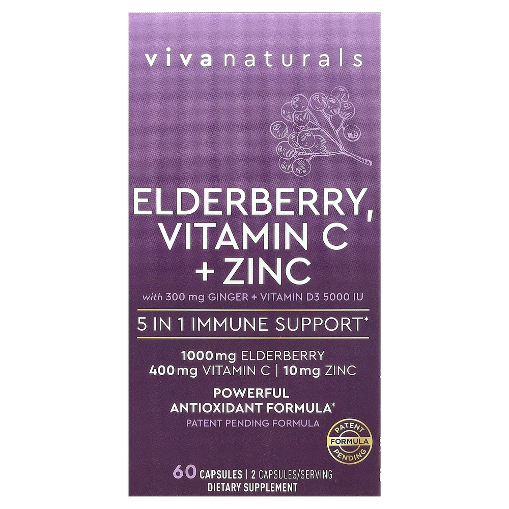 Viva Naturals, бузина, витамин C, цинк и имбирь, 60 капсул
