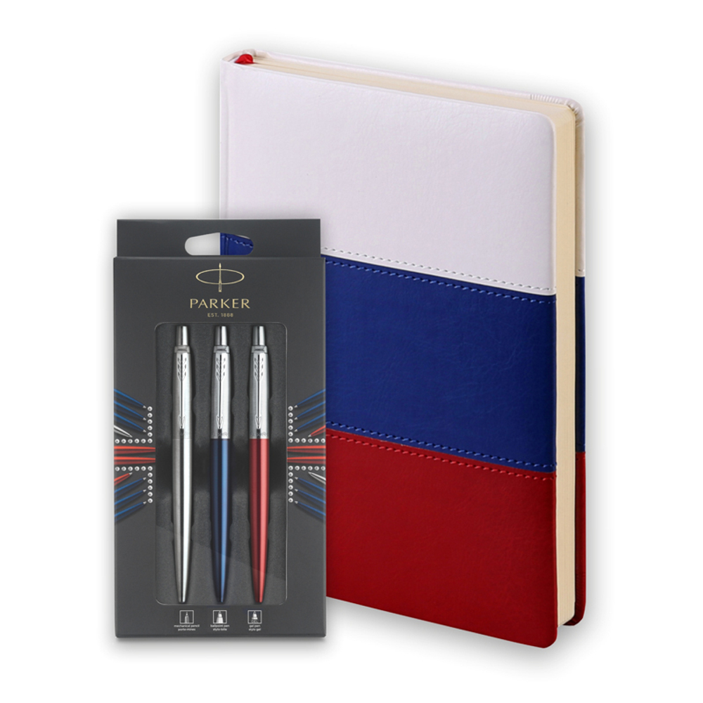 Подарочный набор: Parker Jotter - шариковая ручка + ручка гелевая + карандаш + ежедневник, триколор