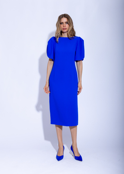Женское синее платье миди с пышными рукавами