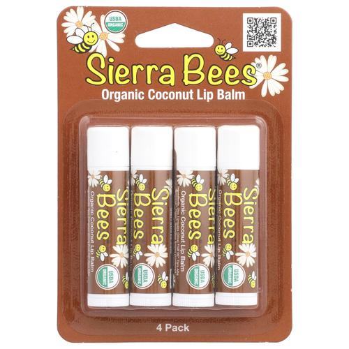 Sierra Bees, Органические бальзамы для губ, кокос, 4 шт. в упаковке, 4,25 г (0,15 унции) каждый