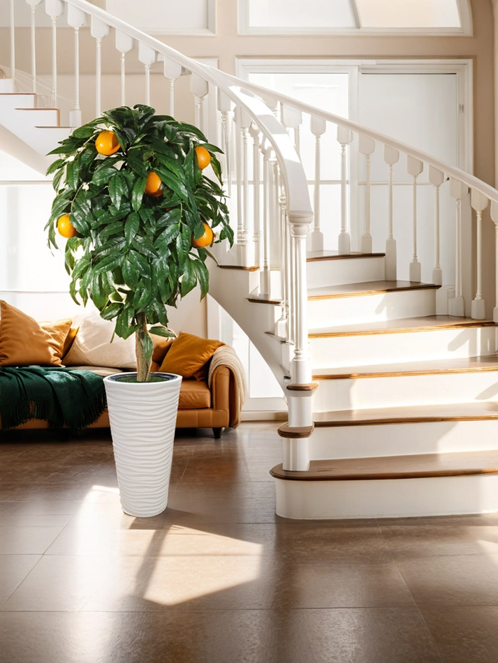 Искусственное дерево Апельсин 170 см в высоком круглом белом кашпо