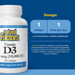 Natural Factors, витамин D3, 250 мкг (10 000 МЕ), 120 мягких таблеток