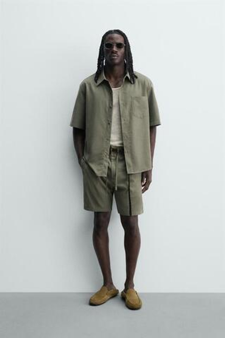 ZARA СТРУЯЩИЕСЯ ШОРТЫ RELAXED FIT, ТЕМНО-ЗЕЛЕНЫЙ