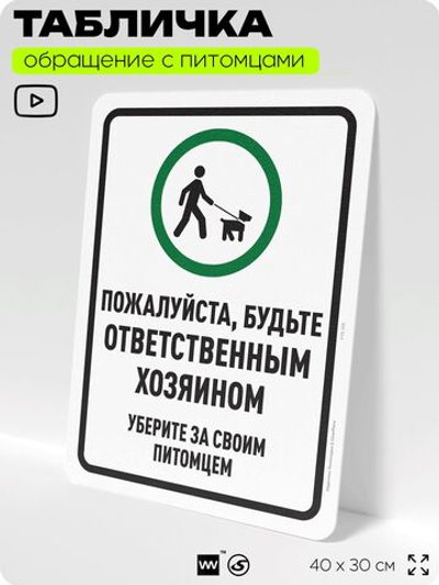 Табличка "Будьте ответственным хозяином, уберите за своим питомцем" на дверь и забор, для двора, дома, подъезда, 40х30 см, Silver Plane x Айдентика Технолоджи