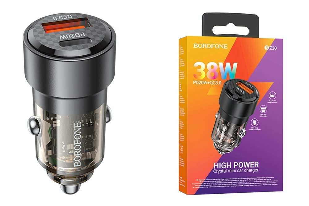 Автомобильное зарядное устройство Borofone BZ20 PD20W+QC3.0 Type-C+USB Black