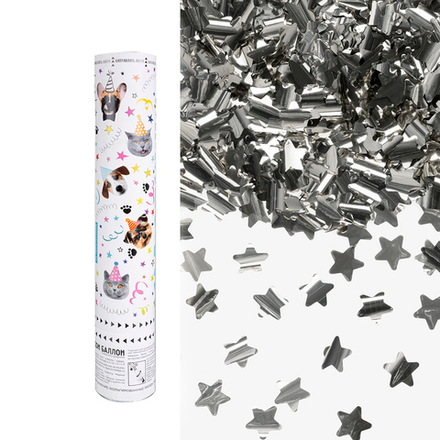 Пневмохлопушка (12/30 см), Котики и Собачки, Звезды фольга, Серебро, Металлик, 1 шт.