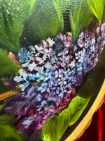 Веточка сирени - картина маслом на срезе дуба с корой | Художница Ольга Ефимова