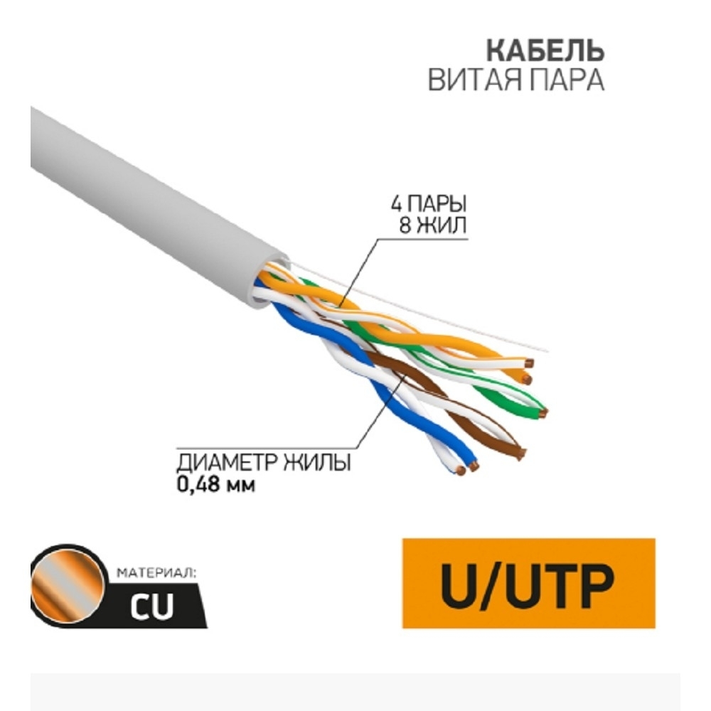PROconnect (01-0052-25) Кабель U/UTP, CAT 5e, PVC, 4x2x0,48мм, внутренний, серый, 25м