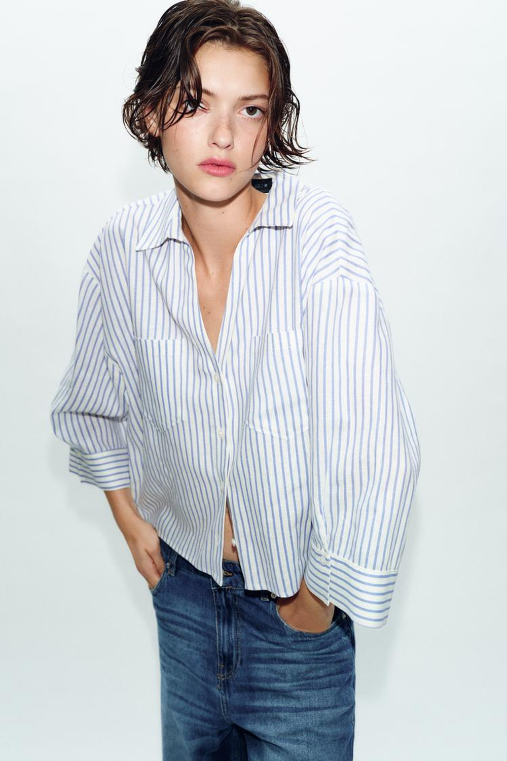 ZARA СВОБОДНАЯ РУБАШКА ИЗ ЛЬНА, СИНИЙ/БЕЛЫЙ