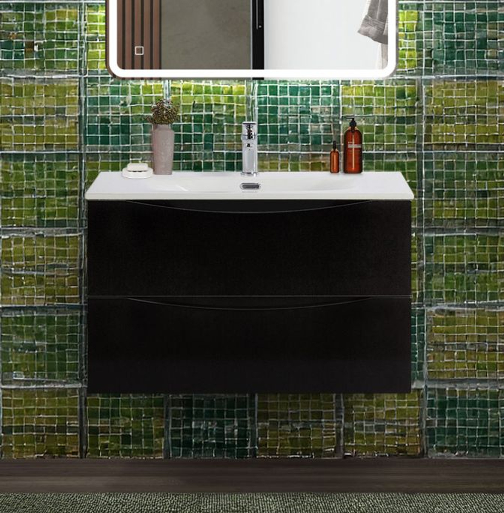 Тумба с раковиной подвесная BelBagno MARINO-CER-N-900-2C-SO-NL-P Nero Lucido, раковина белая BB-8099-90