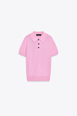 ZARA ТРИКОТАЖНЫЙ ТОП-ПОЛО С КОРОТКИМИ РУКАВАМИ, МЯГКИЙ РОЗОВЫЙ