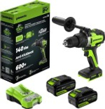 Дрель-шуруповерт аккумуляторная GREENWORKS GD24DD140 ударная, 24V, 2 АКБ 4Ач и ЗУ 3707607CUD